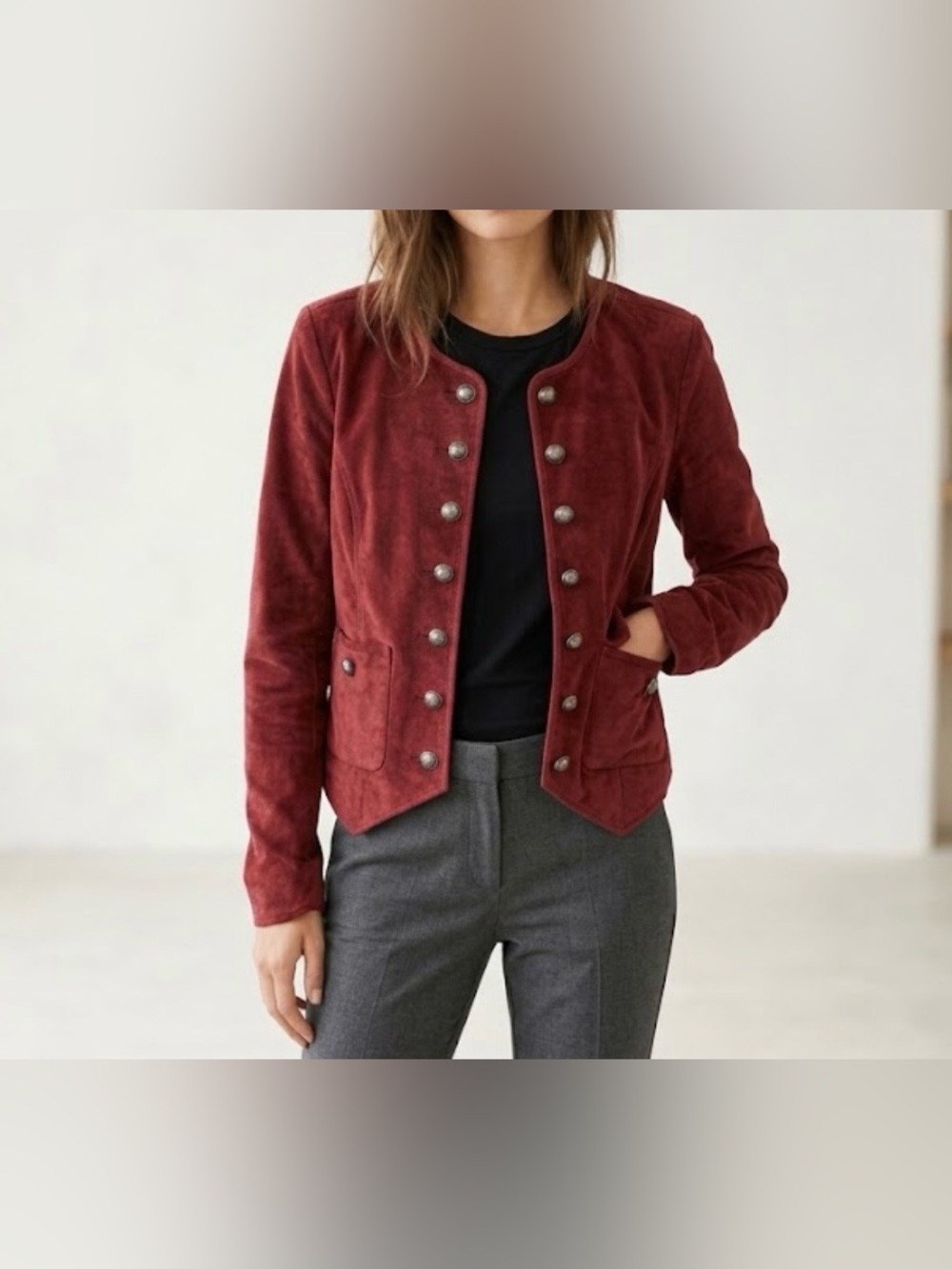 Free People Becky Velvet Jacket Burgundy Red Military Steampunk Blazer Size S